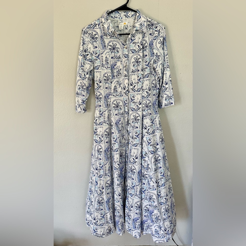 C&C California White and Blue Printed Button-Front Maxi Dress